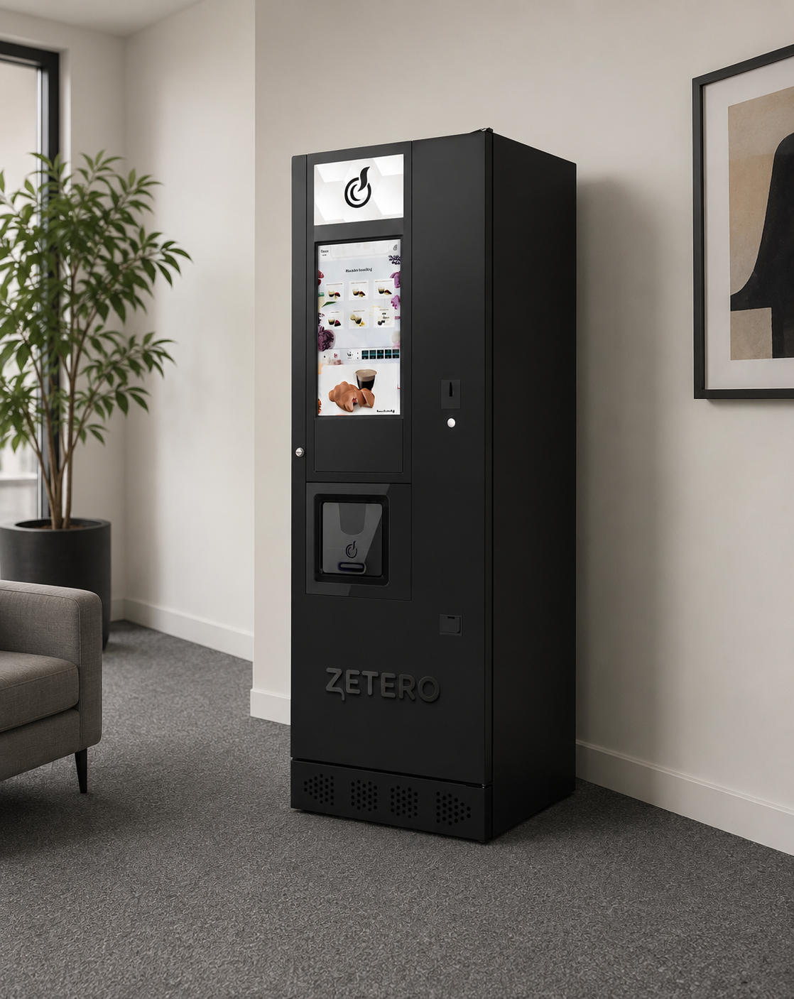 Distributeur de café Zétero installé dans un espace de pause d'entreprise moderne