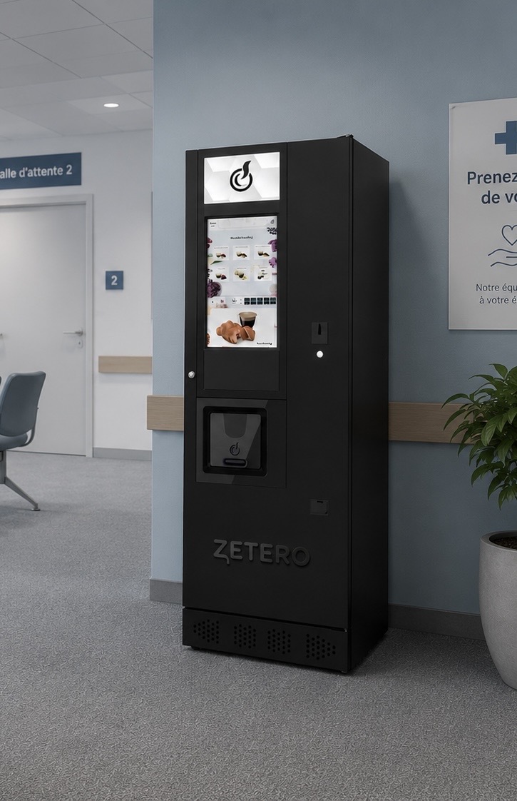 Distributeur Zétero installé dans une salle d'attente médicale aux murs bleus